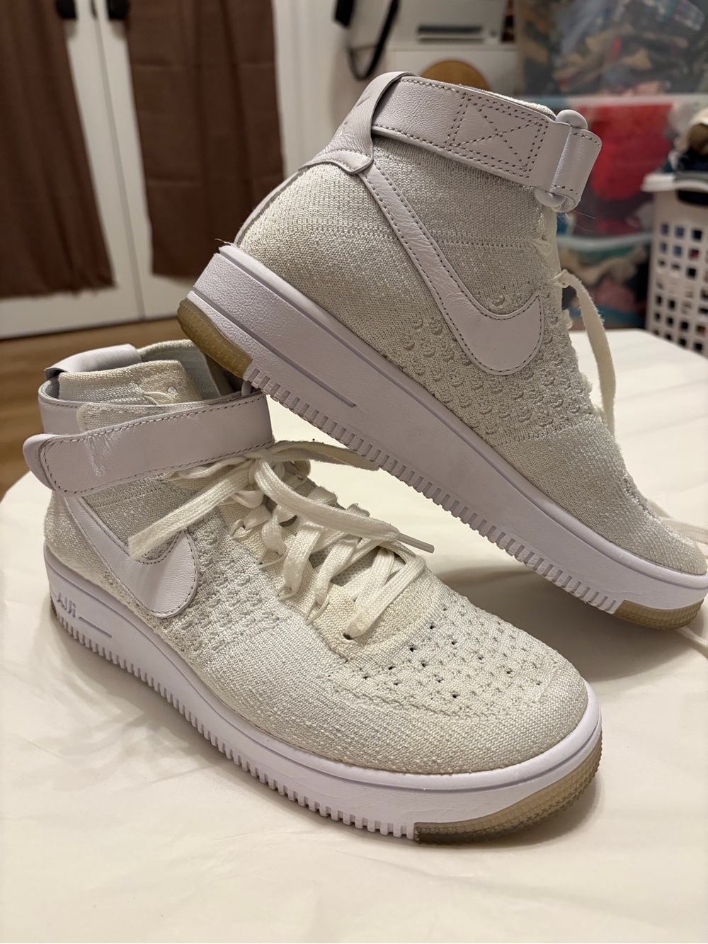 Nike Women’s High-Top Flyknit Sneakers in Off-White with Gum Sole